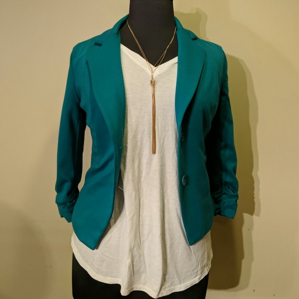 Turquoise blazer with ruched sleeves